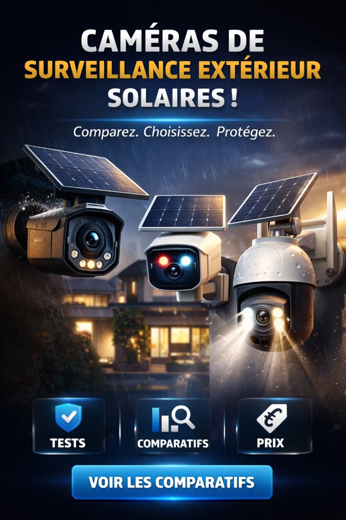 Bannière promotionnelle pour caméras de surveillance extérieur solaires : trois modèles avec panneaux solaires, icônes tests et comparatifs, bouton d’action voir les comparatifs.