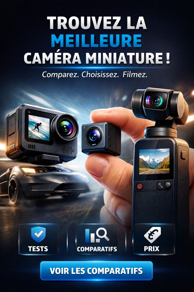 Comparatif des meilleures caméras miniatures : bannière avec action cam, mini caméra cube et caméra sur cardan — tests, comparatifs et prix.